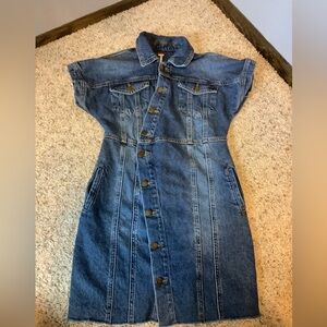 Free People Distressed Denim Button Down Diagonally Short Sleeve Dress